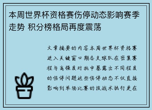 本周世界杯资格赛伤停动态影响赛季走势 积分榜格局再度震荡