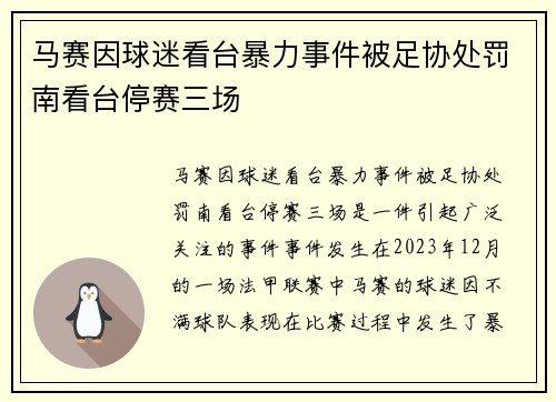 马赛因球迷看台暴力事件被足协处罚南看台停赛三场